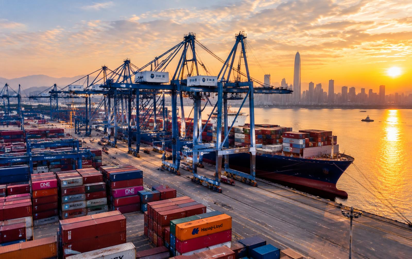 Port à conteneurs de Shenzhen au lever du soleil